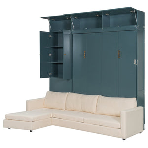 English Elm Queen Murphy Bed with L-shaped Velvet Sofa Storage Cabinets for Studio Living Green LP000765AAA-1