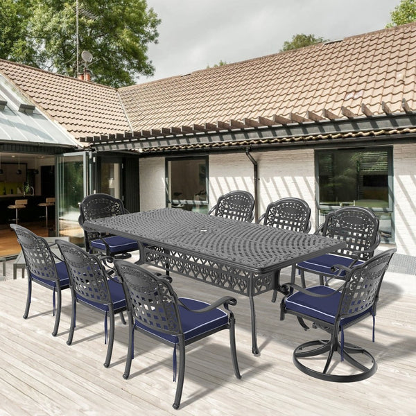 English Elm 9-Piece All-Weather Cast Aluminum Dining Set With 8 Cushions, Swivel Chairs & Rectangular Table W1710S00478