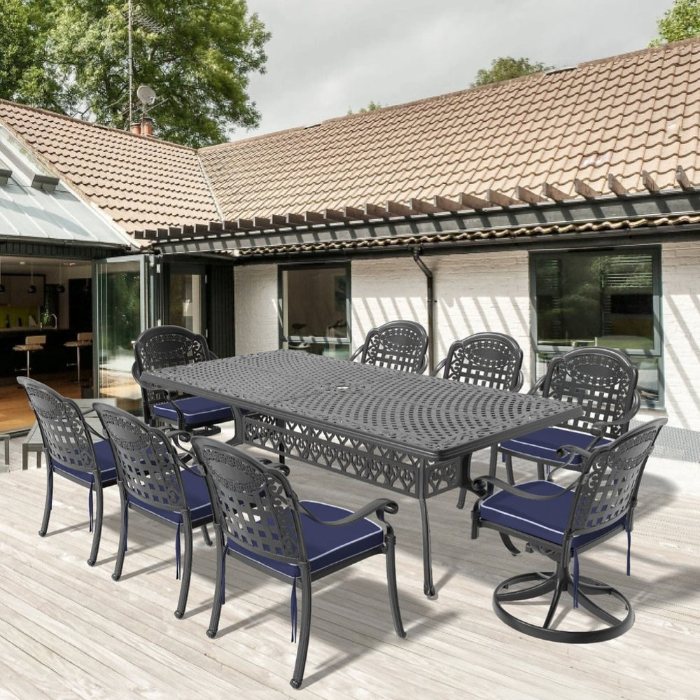 English Elm 9-piece Cast Aluminum Outdoor Dining Set Ornate Carved Patio Table with Swivel Chairs W1710S00614