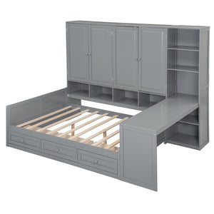 English Elm Full Size Wooden Daybed With Desk, Drawers, Shelves – Stylish Space-Saving Solution In Gray! N820S00055E