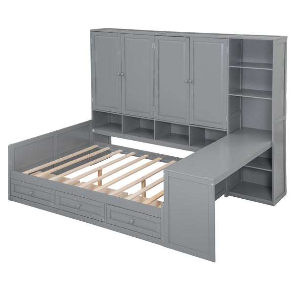 English Elm Full Size Wooden Daybed With Desk, Drawers, Shelves – Stylish Space-Saving Solution In Gray! N820S00055E