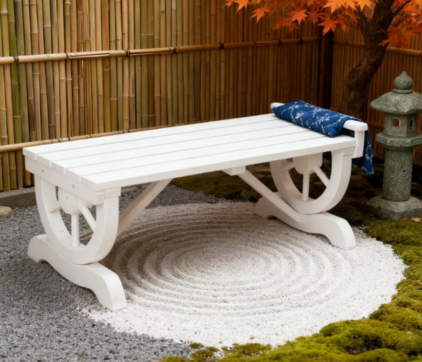 English Elm Outdoor Wagon Wheel Fir Wood Patio Bench Rustic White Slatted 2 Person Seating T3971P417278