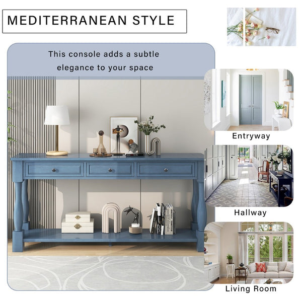 English Elm Trexm Distressed Entryway Console Table Three Drawers Open Shelf Mediterranean Wood Navy N715P372052M