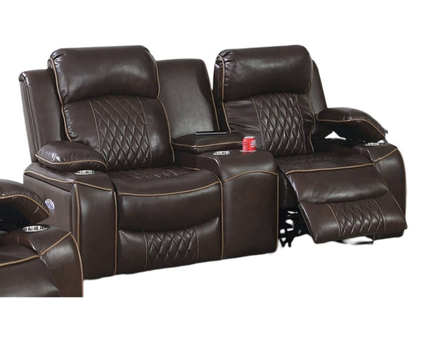English Elm Power Motion Loveseat - Contemporary Brown Gel Leatherette With Usb, Cup Holders & Storage Arms B011S01066-GIGA