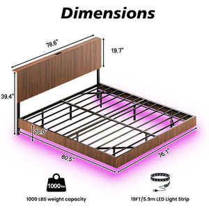 English Elm Oak Queen Floating Bed Walnut Finish Wavy Headboard Led Lighting Built in Charging W1820P408090