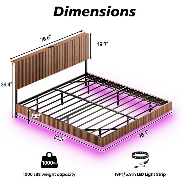 English Elm Oak Queen Floating Bed Walnut Finish Wavy Headboard Led Lighting Built in Charging W1820P408090