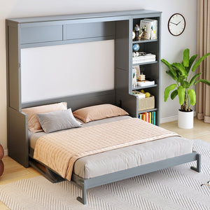 English Elm Queen Size Murphy Bed With Integrated Desk & Bookshelf – Stylish Gray Space-Saving Solution! N7090004016E-GIGA