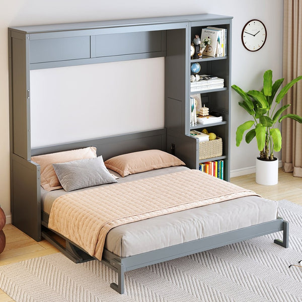 English Elm Queen Size Murphy Bed With Integrated Desk & Bookshelf – Stylish Gray Space-Saving Solution! N7090004016E-GIGA