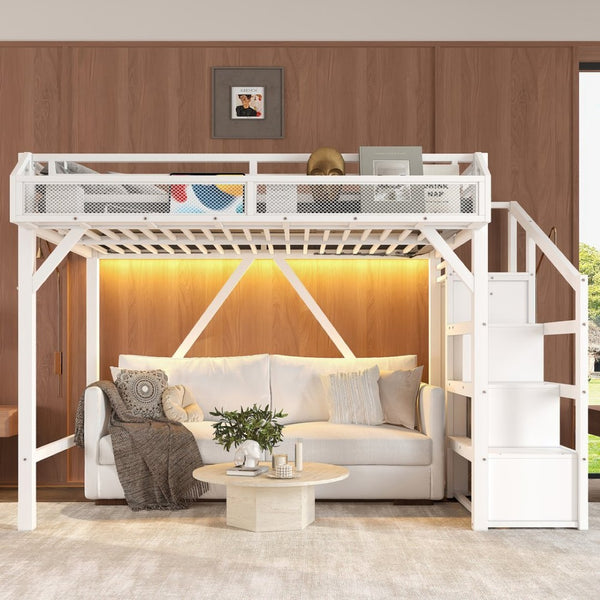 English Elm Full Xl Over Twin Triple Metal Bunk Bed with Storage Stairs and Shelves Black White W1580S00408