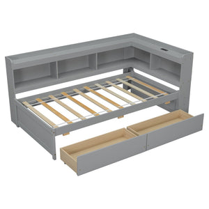 English Elm Twin Size L-Shaped Bookcase Bed With Usb Charging, Drawers, And Stylish Grey Finish For Modern Rooms W504S00218-GIGA