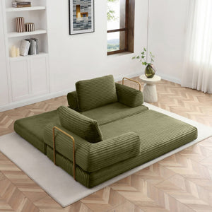 English Elm Convertible Floor Sofa Futon with Corduroy Upholstery for Living Room Lounging and Sleeping Green W1117P434729