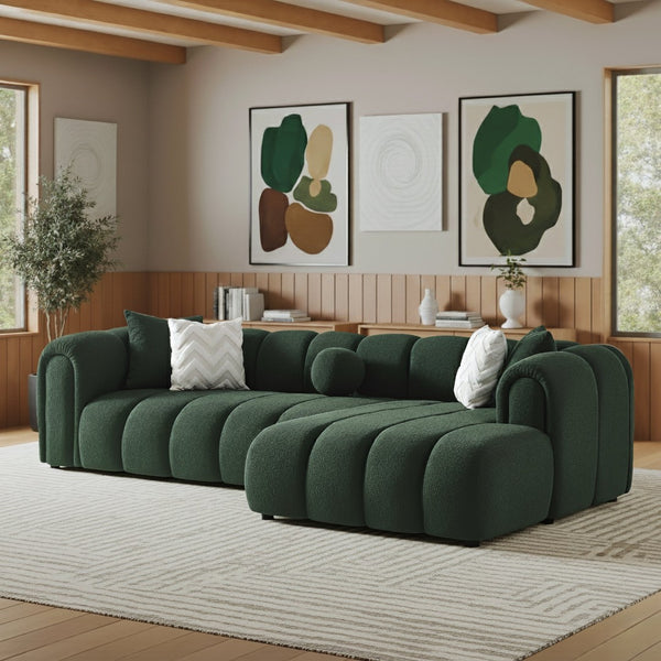 English Elm Beatrice Channel Tufted Boucle Sectional Sofa Deep Seating Modern Living Room Dark Green B183S00218