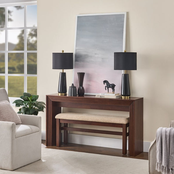 English Elm Fluted Counter Height Dining Set Narrow Bar Console with Upholstered Stool Retro Wood Walnut W1202P330890