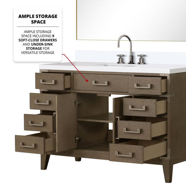 English Elm Grey Oak Single Bath Vanity Set With White Quartz Top & 46" Mirror – Stylish Storage Solution! B2731S01472