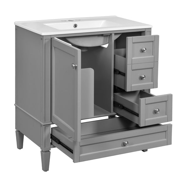 English Elm 30 30 Inch Bathroom Vanity with Ceramic Sink, Modern Compact 3-Drawer Storage Cabinet for Small Baths Grey N710P247499E