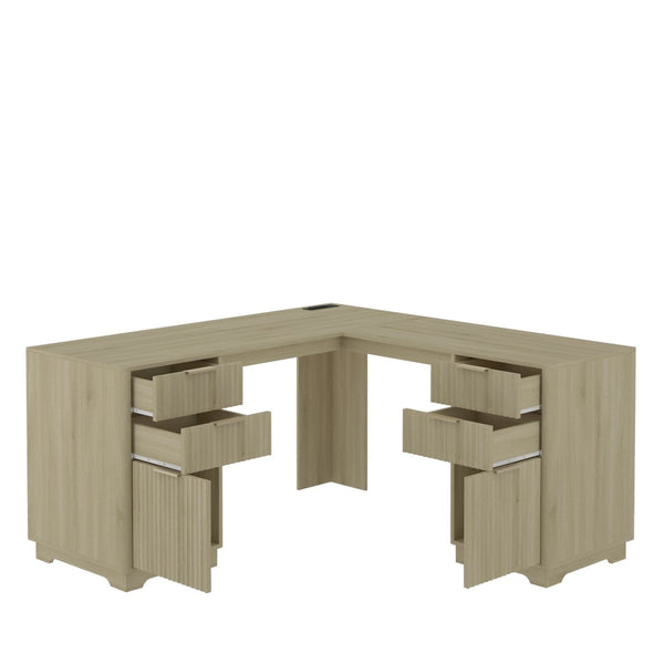 English Elm L Shaped Corner Desk with Storage Cabinet and Built in Charging Station for Home Office W1321S00038