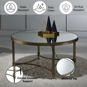 English Elm Aditya Mirrored & Antique Brass Coffee Table with 5mm Glass Top, Curved Crossbar & Luxe Vintage Flair B2726P255337