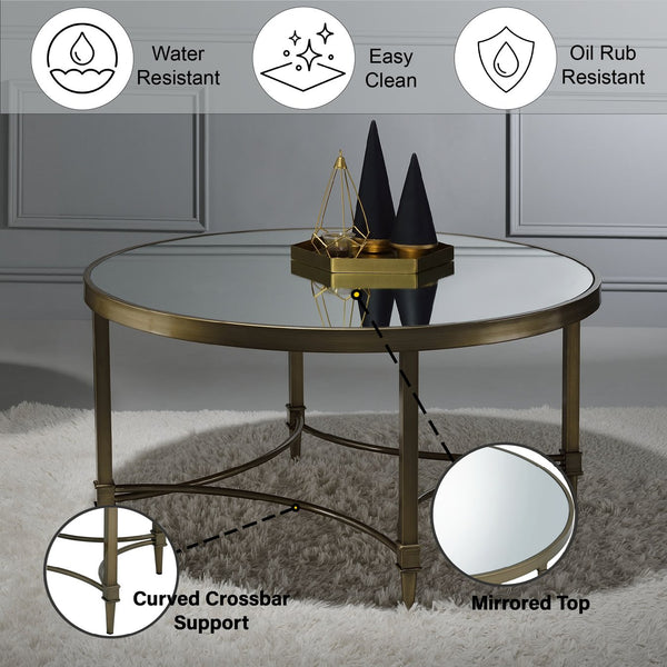 English Elm Aditya Mirrored & Antique Brass Coffee Table with 5mm Glass Top, Curved Crossbar & Luxe Vintage Flair B2726P255337