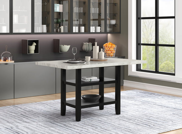 English Elm 1pc Pub‑Height Faux Marble Table 42x60x36" – Modern Black Metal Base, Lower Shelf Storage, Elegant Dining B011P400839