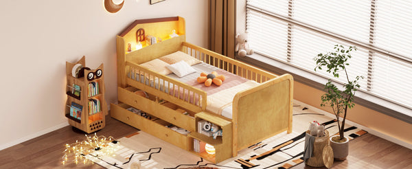 English Elm Low Twin Loft Bed with House-Style Headboard and Built-In LED Lights for Modern Kids' Rooms Natural 42.91 L x 28.35 W x 6.69 H W2593S00007