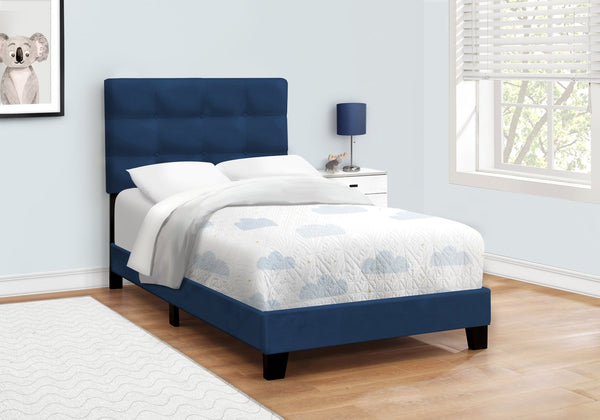 English Elm Bed, Navy Blue Velvet Twin Platform Bed Frame with Tufted Headboard, Sturdy Wood Slats, Chic Transitional Design B2710P219516
