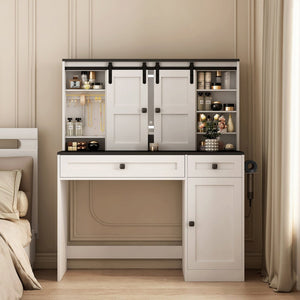 English Elm Farmhouse Vanity Table with Lighted Mirror Drawers and Hair Tool Storage for Bedroom W1321P423102