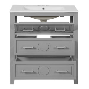 English Elm 60'' Freestanding Bathroom Vanity Set With Ceramic Sink, Gray Wood Frame & 3 Soft-Close Drawers N710SS00003E