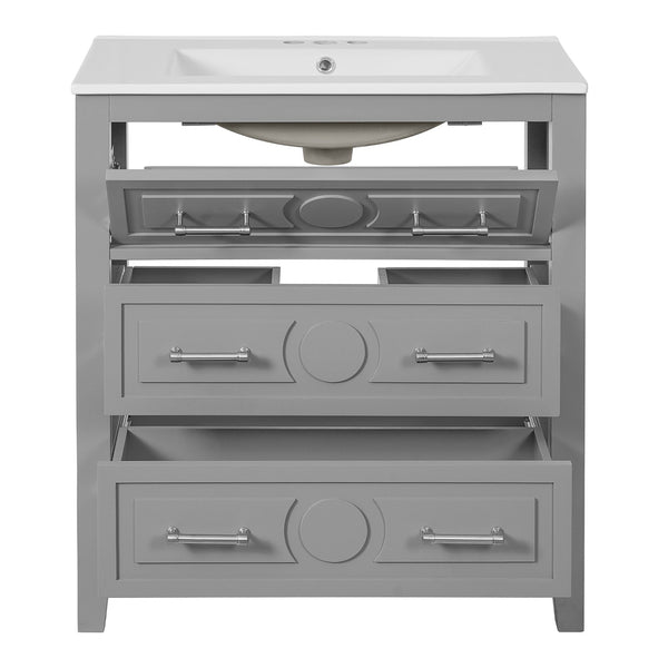 English Elm 60'' Freestanding Bathroom Vanity Set With Ceramic Sink, Gray Wood Frame & 3 Soft-Close Drawers N710SS00003E