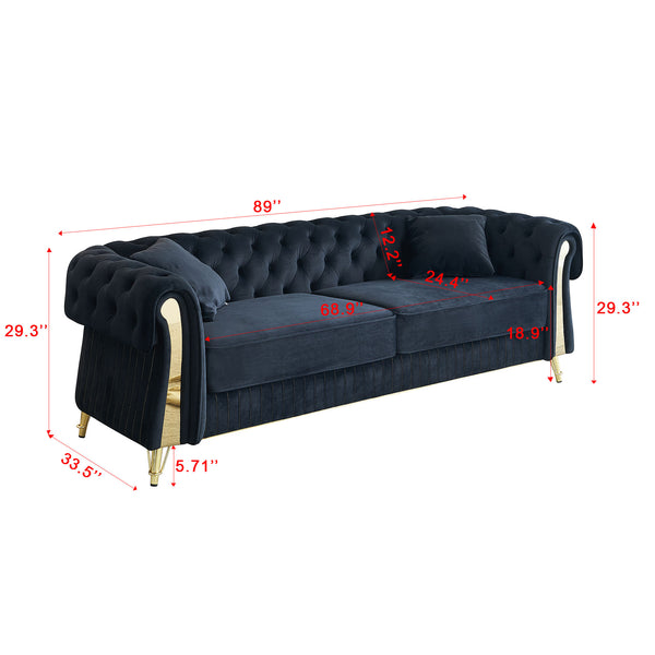 English Elm 89''W Chesterfield Modern Tufted Velvet Sofa with Pocket Springs, Gold Trim & Removable Cushions Black W579S00038