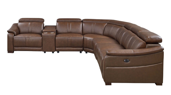 English Elm Leather Match Modular Sectional Power Reclining Sofa with Console and Cup Holders Dark Brown B2748S00035