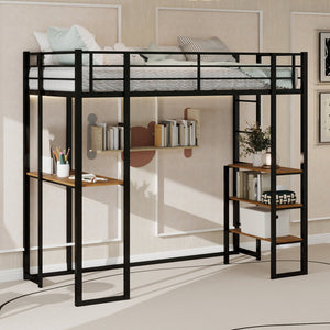 English Elm Iron framed bunk bed with L-shaped study desk and dual-side stairs, space-saving durable design Black W1935P330795