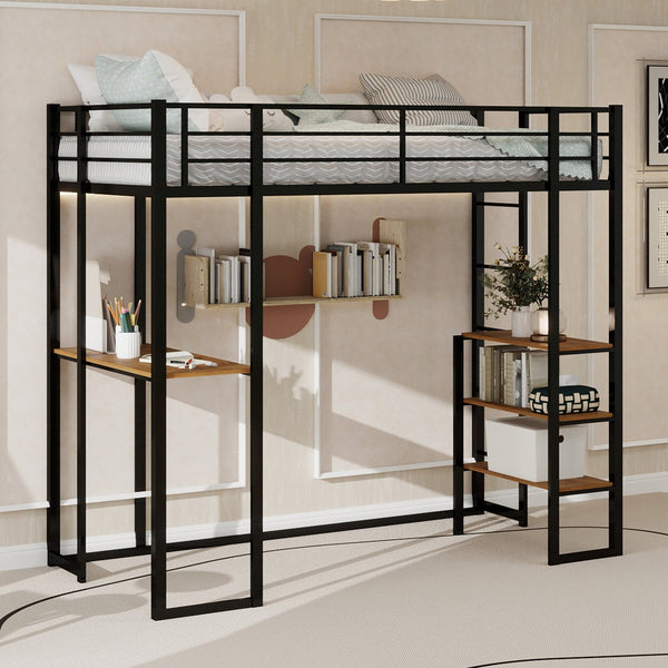 English Elm Iron framed bunk bed with L-shaped study desk and dual-side stairs, space-saving durable design Black W1935P330795