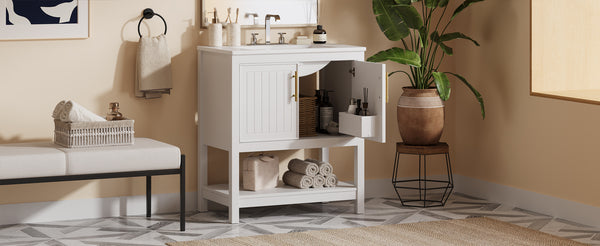 English Elm 30-Inch White Bathroom Vanity With Ceramic Sink - Stylish Storage Solution For Small Spaces! WF325888AAK