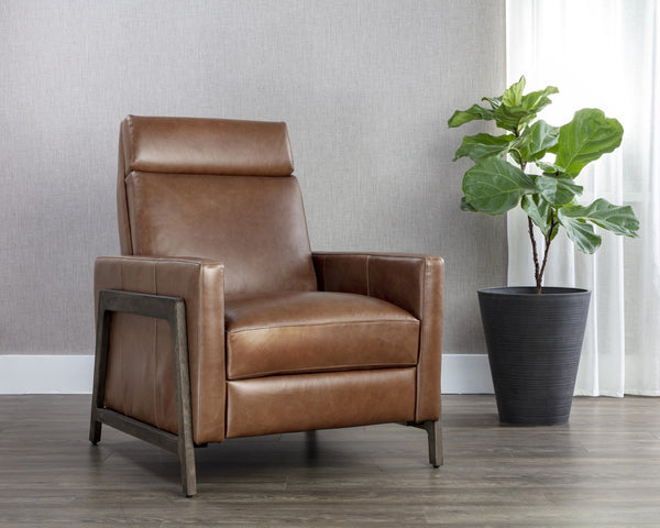 Sunpan Brandon Recliner - Luxurious Buffalo Leather Comfort with Stylish Wood Accents for Your Living Space Dark Brown, Shalimar Tobacco Leather