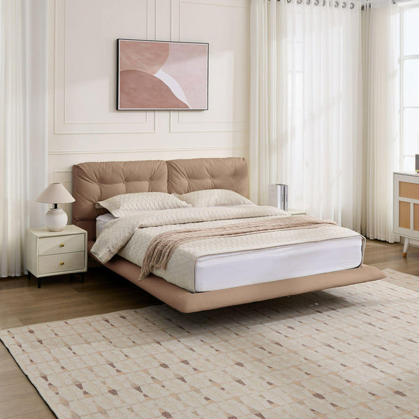 English Elm Christopher Knight Home® - Queen Plush Leather Upholstered Bed Frame with Wingback Headboard, Wavy Footboard, Quiet Support khaki 37.59 L x 32.25 W x 13 H N761S0000022M