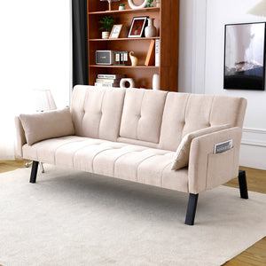 English Elm 70-inch Foldable Cotton Linen Sofa Bed with Cup Holder & Side Storage, Space-Saving 2-Seater Design Beige W3371P337197