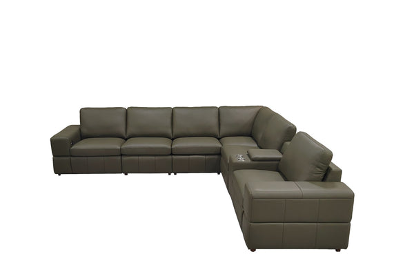 English Elm Premium Leather Match Sectional with Dual Recliners Square Arms and Console Storage Olive Green B2748S00158