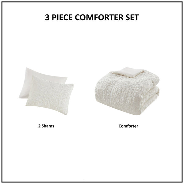 JLA Home Madison Park - 3 Tufted Ivory Comforter Set with Medallion & Border Texture, Hypoallergenic Microfiber for Easy Care 90 L x 90 W x 1.5H MP10-8375