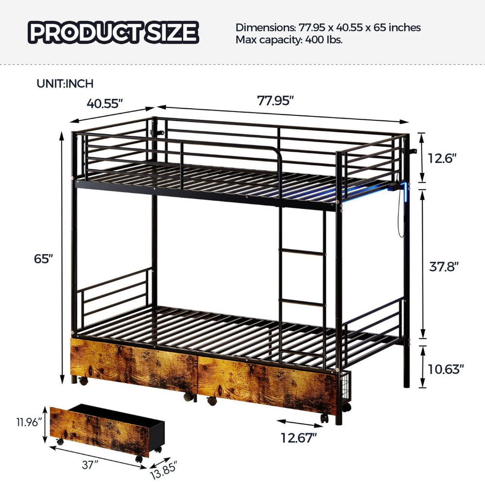 English Elm Bunk Bed Twin Iron Frame with Usb Charging Built in Guardrail and Convertible Design W3752P430830
