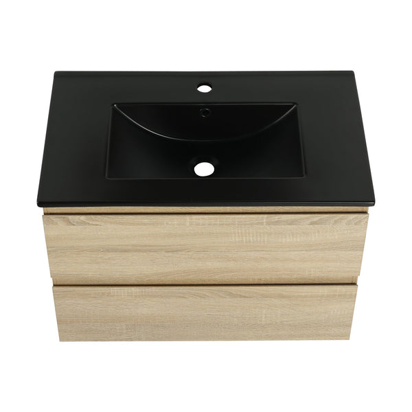 English Elm 30" Wall-Mounted Bathroom Vanity With Black Sink, Soft-Close Drawers, Modern Space-Saving Design W999S00194