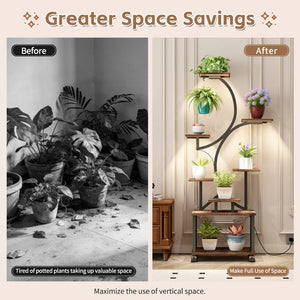 English Elm Plant Stand with Full Spectrum Grow Lights 8 Tier S Shaped Iron Corner Display Rack Black+Brown W2641P446499
