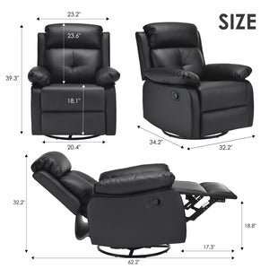 English Elm Small Rocker Swivel Recliner Chair with 360° Swivel, 30° Rocking and Adjustable 90–150° Recline Comfortability Black T3623P380482