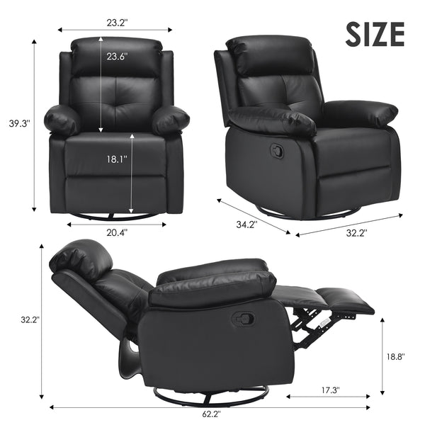 English Elm Small Rocker Swivel Recliner Chair with 360° Swivel, 30° Rocking and Adjustable 90–150° Recline Comfortability Black T3623P380482