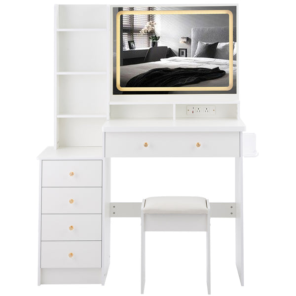English Elm 41" Luxury Vanity Table Set With Stool, Integrated Power, Led Mirror & Hair Dryer Stand - Stylish Design W936P230832