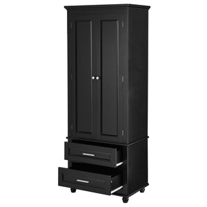 English Elm Tall Slim Storage Cabinet with Adjustable Shelves, 2 Drawers & Doors, Anti-Tip Design for Bathroom Black WF299284AAB