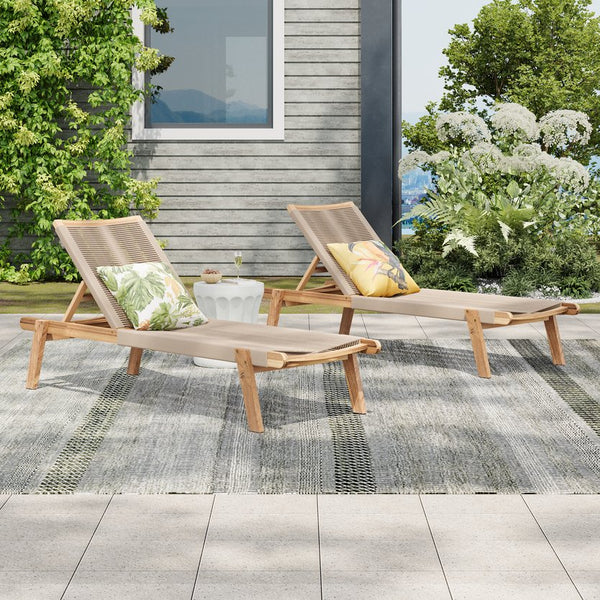 English Elm Christopher Knight Home® - Catania Teak+Beige Outdoor Rope Chaise Lounge Set of 2 – Acacia Wood Frames, 4-Position Adjustable, Weather-Resistant Comfort N775P203284G