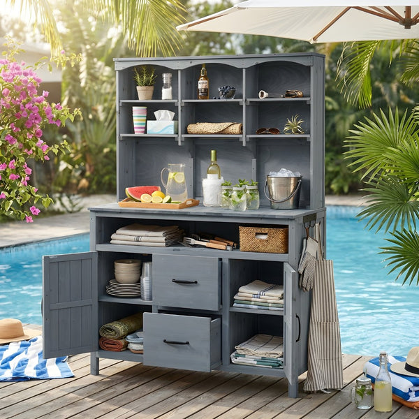 English Elm (with Hutch) Topmax Solid Fir Outdoor Potting Bench Station Cabinets Drawers Patio Garden Gray N717P404332E