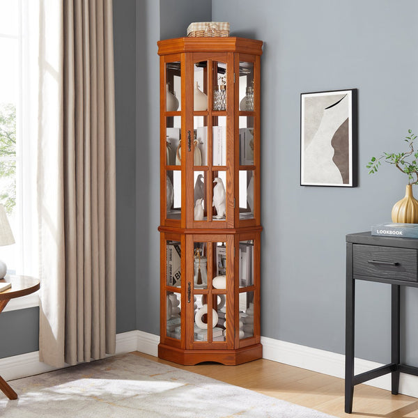 English Elm Corner Curio Cabinet with 5 Shelves and Built-In Lighting, Glass Display Case for Home Décor and Collectibles, Space-Saving Corner Accent (47x21x10.75) Oak W1693P183979