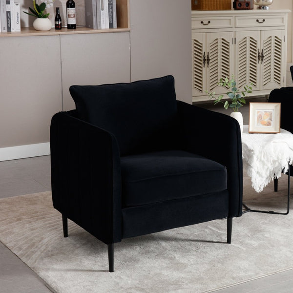 English Elm Accent Velvet Armchair Mid-century Modern Plush Seat with Metal Legs for Any Room Black W3244P325834