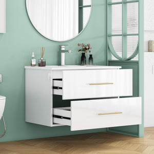 English Elm 30-Inch Sleek Wall-Mounted Bathroom Vanity With Integrated Sink, Double Drawers & Easy Installation W3151S00053